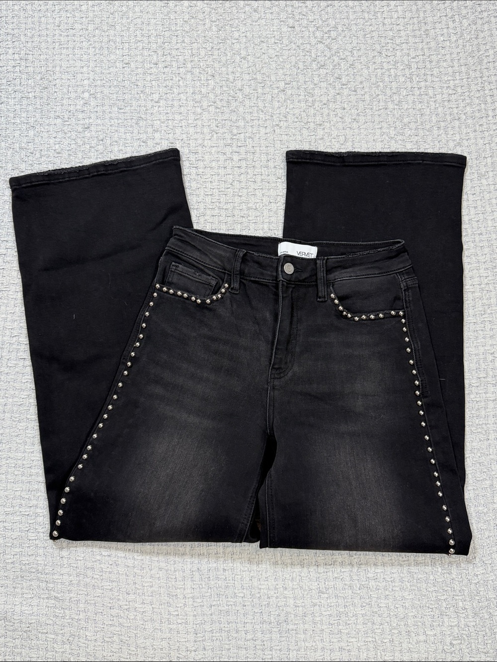Olivia High Rise Silver Dome Nail Head Detailed Wide Leg Jeans by Vervet 27 - Picture 4 of 16